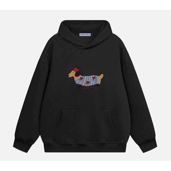 Aelfric Eden Cartoon Dachshund Hoodie Medium Embroidered Black Sweatshirt - Picture 1 of 10